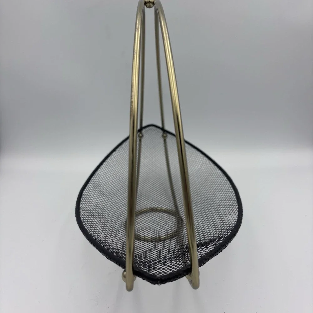 MCM Vintage Mesh Oval Table Metal Basket Black and Gold 14